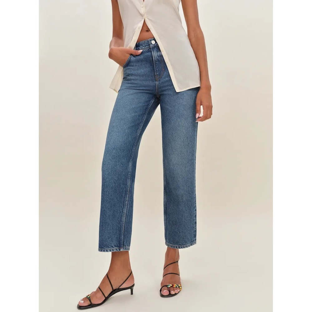 Reformation Arleth Mid Rise Straight Leg Cropped Jeans Blue 26